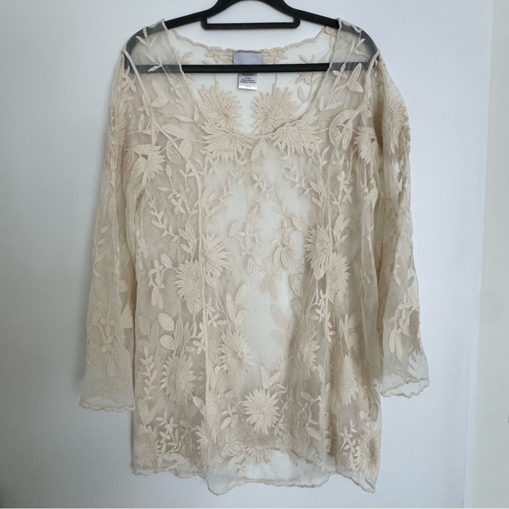 Soft Surroundings Cream Floral Lace Sheer Boho Embroidered Blouse Tunic Small‎